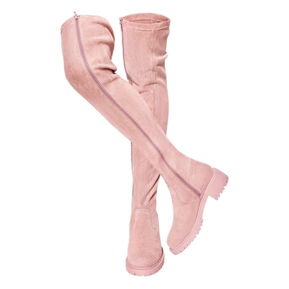 Light Pink Suede Over The Knee Boots Round Toe Side Zipper Flat Thigh High - Picture 2 of 5